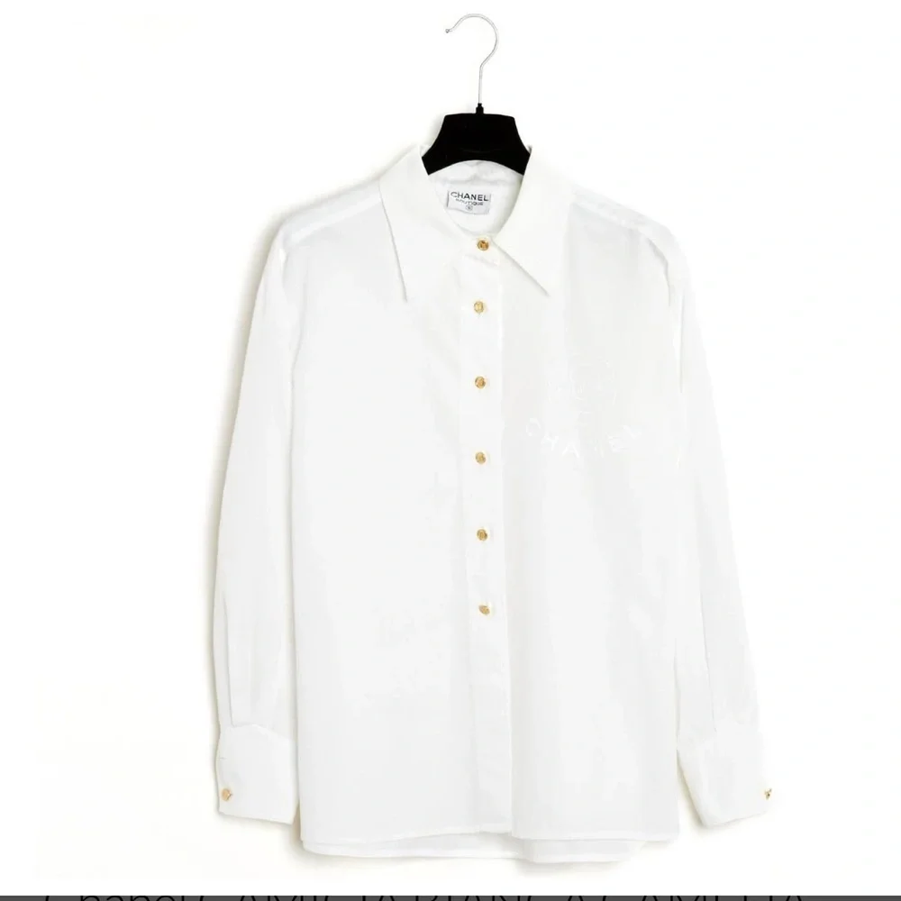 Chanel White Dress Shirt for with CHANEL Embroidery Sz S